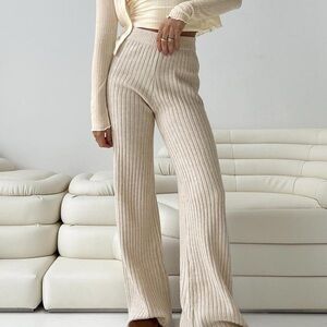 Princess Polly Cream Wide Leg Ribbed Pants